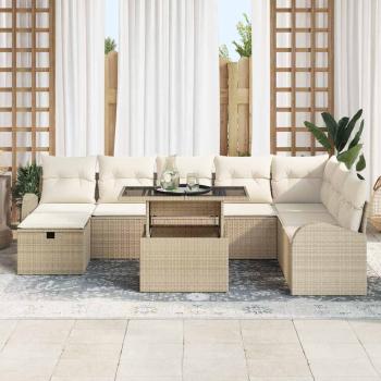 9-teilige Garten Sofa Set mit Kissen Beige Poly Rattan
