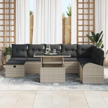 9-teiliges Garten-Sofa-Set mit Kissen in Hellgrau Poly Rattan