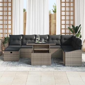 9-teiliges Garten-Sofa-Set mit Kissen Grau Poly Rattan
