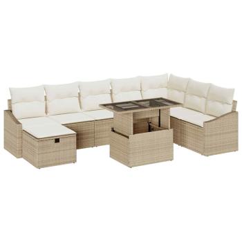 9-teiliges Gartensofa Set mit Kissen Beige Poly Rattan
