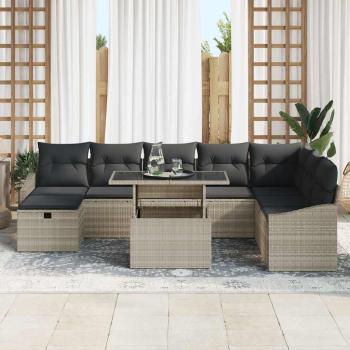 9-teiliges Garten-Sofa-Set mit Kissen in Hellgrau Poly Rattan