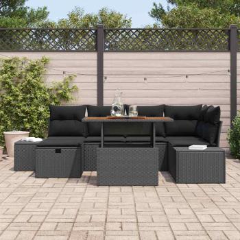 7-teiliges Garten Sofa Set mit Kissen in Schwarz aus Poly-Rattan