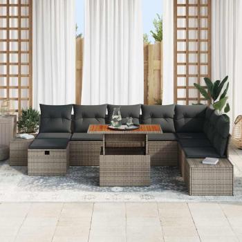 9-teiliges Garten Sofa Set mit Kissen Grau Poly Rattan