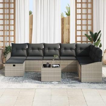 9-teilige Garten Sofa Set mit Kissen Hellgrau Poly Rattan