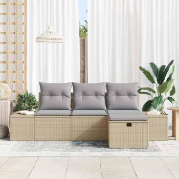 4-teiliges Garten-Sofa-Set mit Kissen Beiger Poly-Rattan
