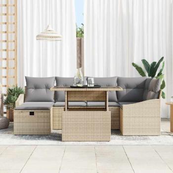 7-teiliges Garten Sofa Set mit Kissen Beige Poly-Rattan