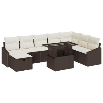 9-teiliges Garten-Sofa-Set mit Kissen Braun Poly Rattan