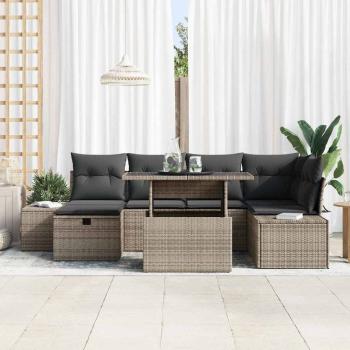 7 Teile Garten Sofaset mit Kissen Grau Poly Rattan