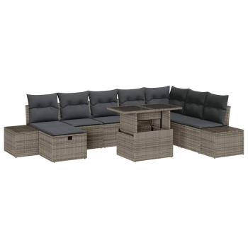 9-teiliges Garten Sofa Set mit Kissen Grau Poly Rattan