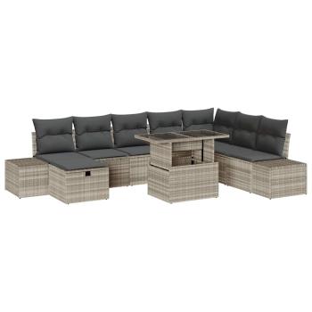 9-teiliges Garten Sofa Set mit Kissen Hellgrau Poly Rattan