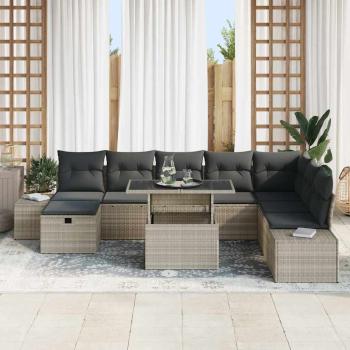 9-teiliges Garten Sofa Set mit Kissen Hellgrau Poly Rattan