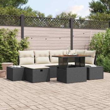ARDEBO.de - 7-teiliges Garten Essgruppe mit Kissen Schwarz Poly Rattan Akazie