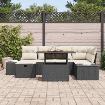 7-teiliges Garten Essgruppe mit Kissen Schwarz Poly Rattan Akazie