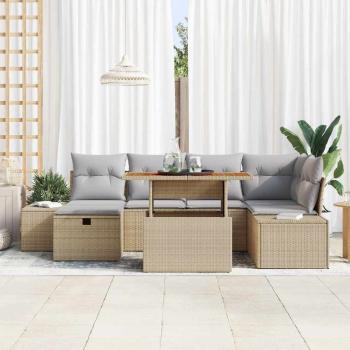 7-teiliges Garten Essgruppe mit Kissen Beige Poly Rattan Akazie