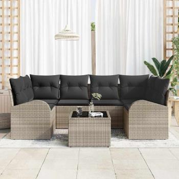 7-teiliges Garten Sofa Set mit Kissen in Hellgrau Poly Rattan