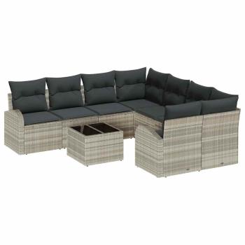 9-teiliges Garten Sofa Set mit Kissen Hellgrau Poly Rattan