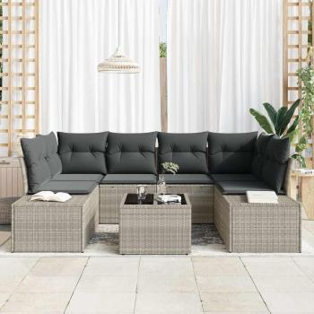 7-teiliges Garten-Sofa-Set mit Kissen Hellgraues Poly-Rattan