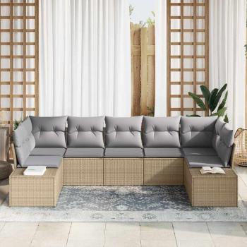 7-teiliges Garten-Sofa-Set mit Kissen Beige Poly Rattan
