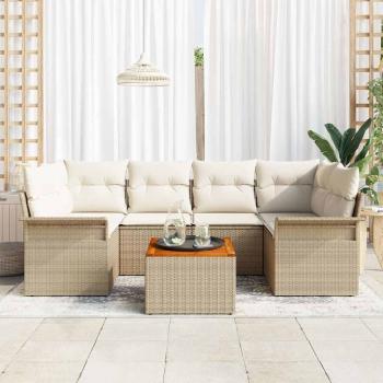 7-teiliges Garten Sofa Set mit Kissen Beige Poly Rattan Akazie