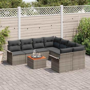 9-teiliges Garten Sofa Set mit Kissen Grau Poly-Rattan Akazie