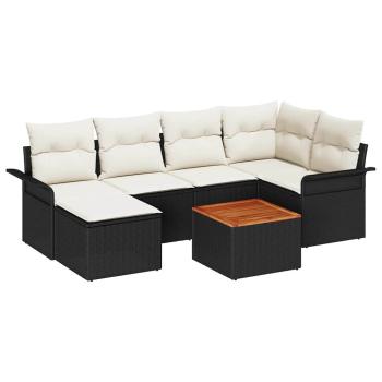 7-teiliges Gartensofa Set mit Kissen in Schwarz Poly Rattan Akazie