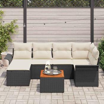 7-teiliges Gartensofa Set mit Kissen in Schwarz Poly Rattan Akazie