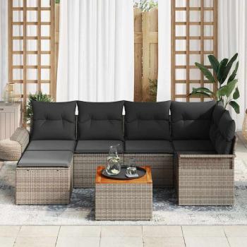7-teiliges Garten-Sofa-Set mit Kissen Grau Poly-Rattan Akazie