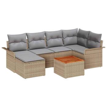 7-teiliges Garten Sofa Set mit Kissen Beige Poly Rattan Akazie