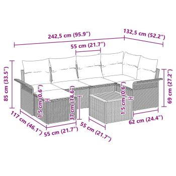 7-teiliges Garten Sofa Set mit Kissen Beige Poly Rattan Akazie