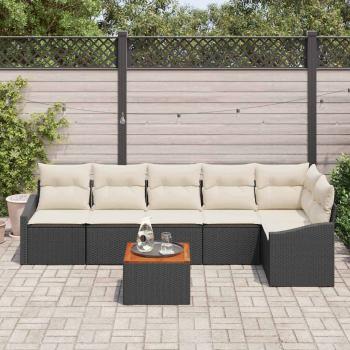 7-teiliges Garten Sofa Set mit Kissen Schwarz Poly Rattan Akazie