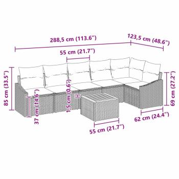 7-teiliges Garten Sofa Set mit Kissen Schwarz Poly Rattan Akazie