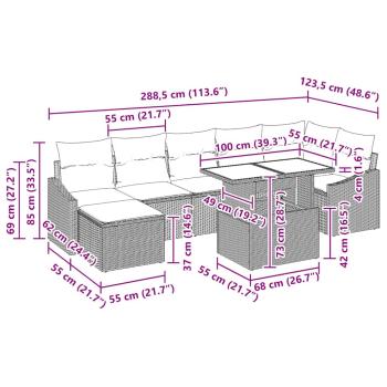 8-teiliges Garten Sofa Set mit Kissen in Hellgrau aus Poly Rattan