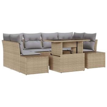 7 Teiliges Garten Sofa Set mit Kissen Beige Poly Rattan