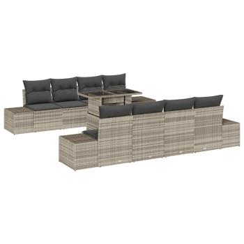 9-teiliges Garten-Sofa-Set mit Kissen in hellgrauem Poly-Rattan