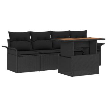 5-teiliges Garten Sofaset mit Kissen Schwarz Poly Rattan Akazie