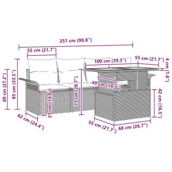5-teiliges Garten Sofaset mit Kissen Schwarz Poly Rattan Akazie