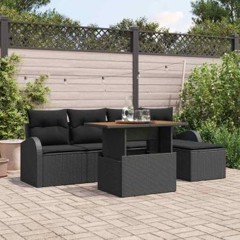 ARDEBO.de - 6-teiliges Garten Essset mit Kissen Schwarz Poly-Rattan Akazie