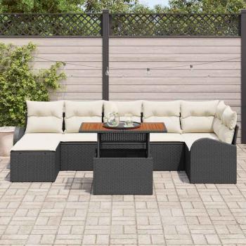 8-teiliges Garten-Esstischset mit Kissen Schwarz Poly Rattan Akazie