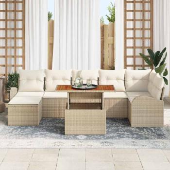 8-teiliges Garten-Esszimmer-Set mit Kissen Beige Poly Rattan Akazie