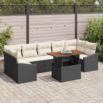 ARDEBO.de - 8-teiliges Garten Essset mit Kissen Schwarz Poly Rattan Akazie