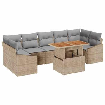 8-teiliges Garten Essset mit Kissen Beige Poly Rattan Akazie