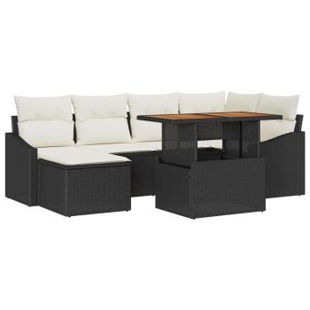 7 teiliges Garten Essset mit Kissen Schwarz Poly Rattan Akazie