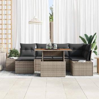 7-teiliges Garten Esszimmer Set mit Kissen Grau Poly Rattan Akazie