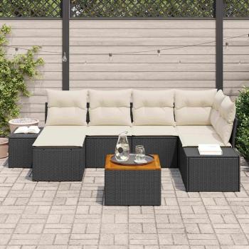 7-teiliges Garten Sofa Set mit Kissen Schwarz Poly Rattan Akazie