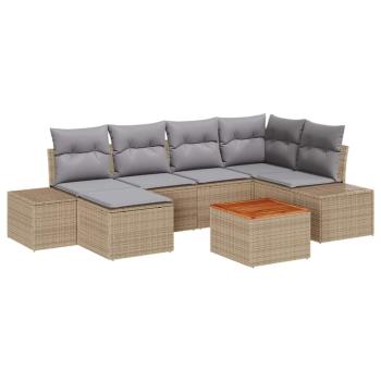 7-teiliges Garten Sofa Set mit Kissen Beige Poly Rattan Akazie