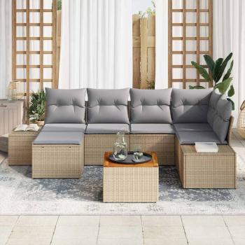 7-teiliges Garten Sofa Set mit Kissen Beige Poly Rattan Akazie