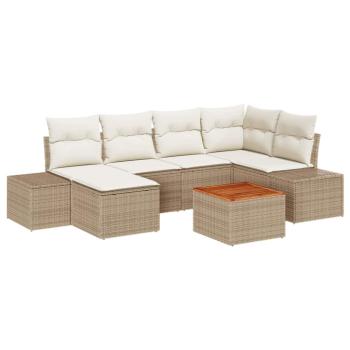 7-teiliges Gartensofa Set mit Kissen Beige Poly Rattan Akazie