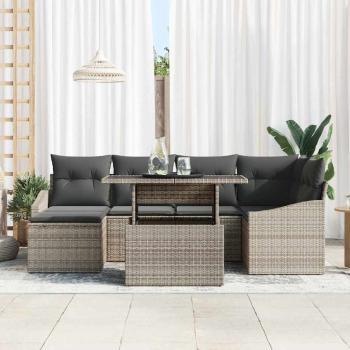 7 Teiliges Garten Sofa Set mit Kissen Grau Poly Rattan
