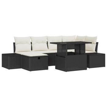 7-teiliges Garten Sofa Set mit Kissen Schwarz Poly Rattan