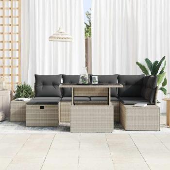 7-teiliges Garten Sofa Set mit Kissen Hellgrau Poly Rattan